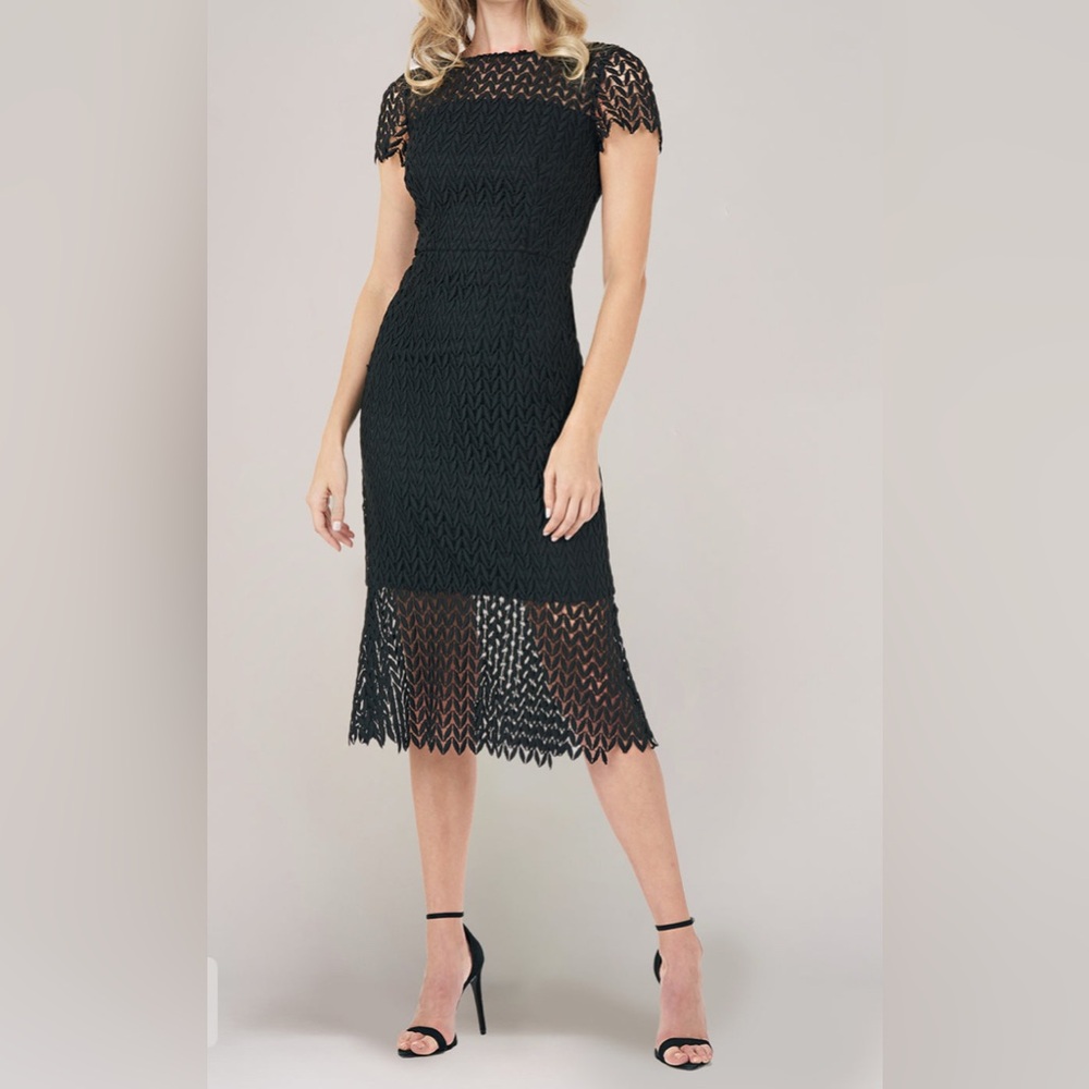 NWT Kay Unger Tatum Black Floral Overlay Lace Midi Dress Flounce Hem Size 12